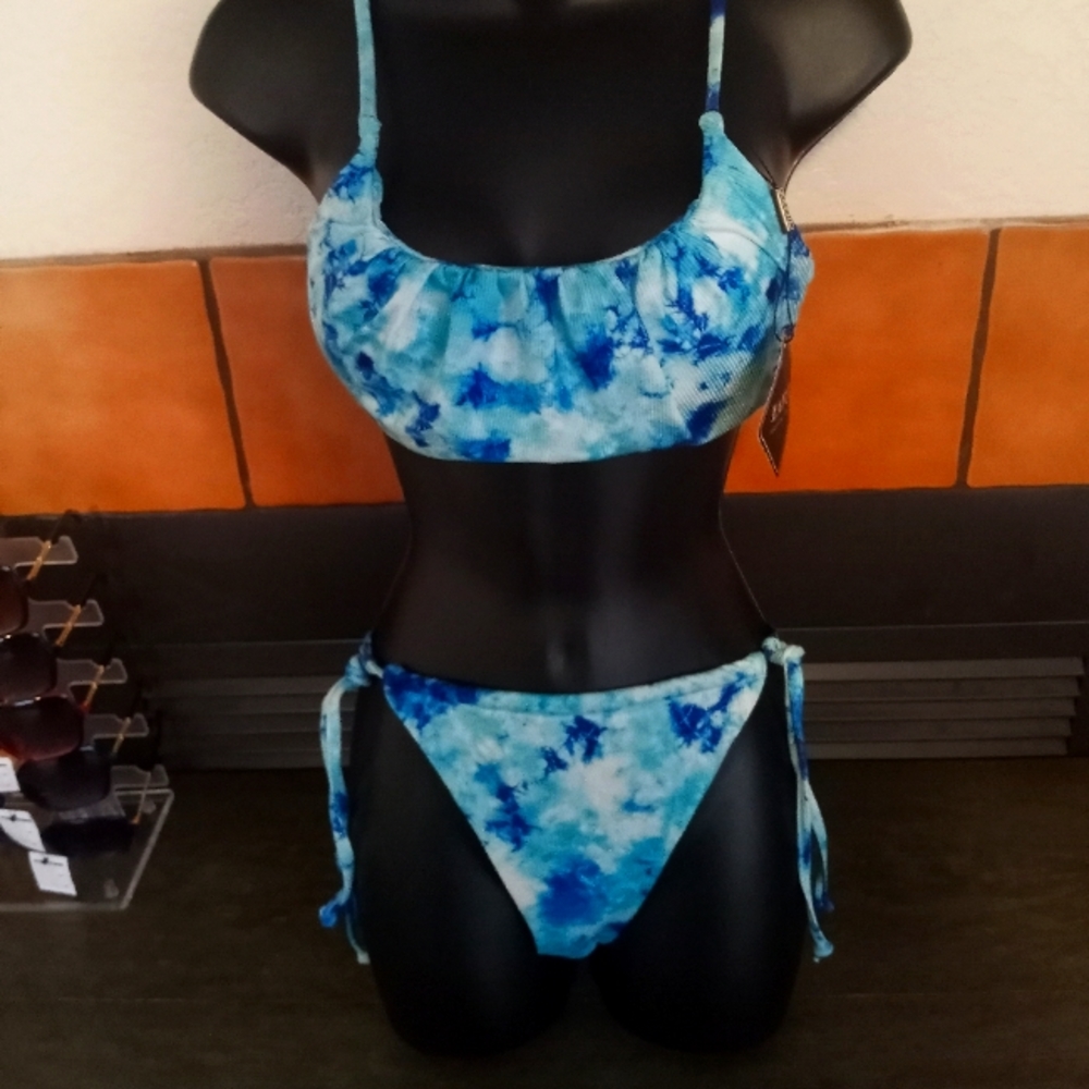 Blue tie dye draw string bikini set